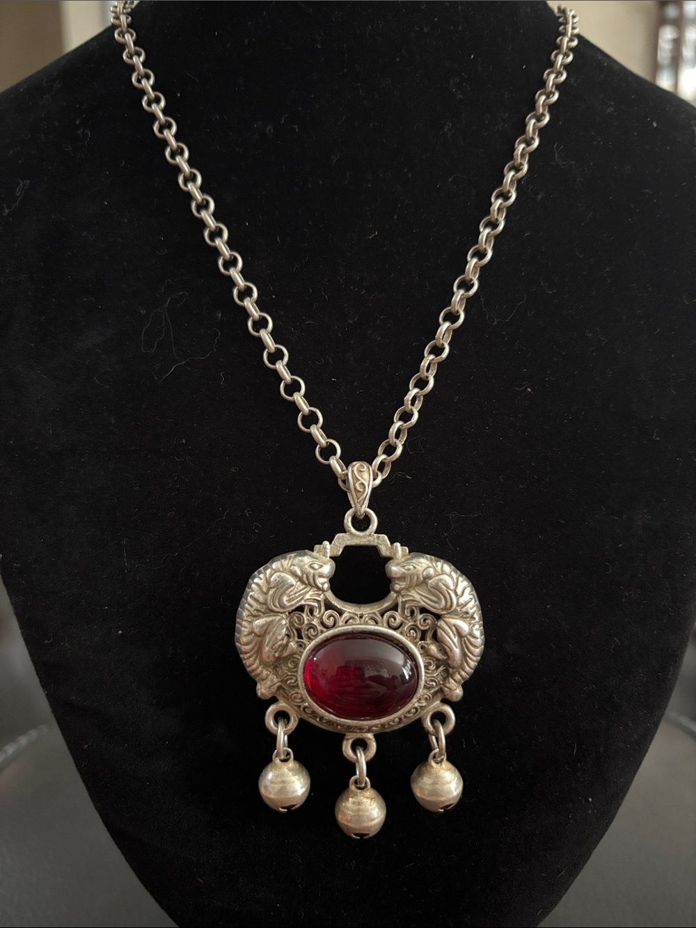 REVERSIBLE Vintage-Style Tibetan Silver Pendant Necklace with Deep Red Cabachon